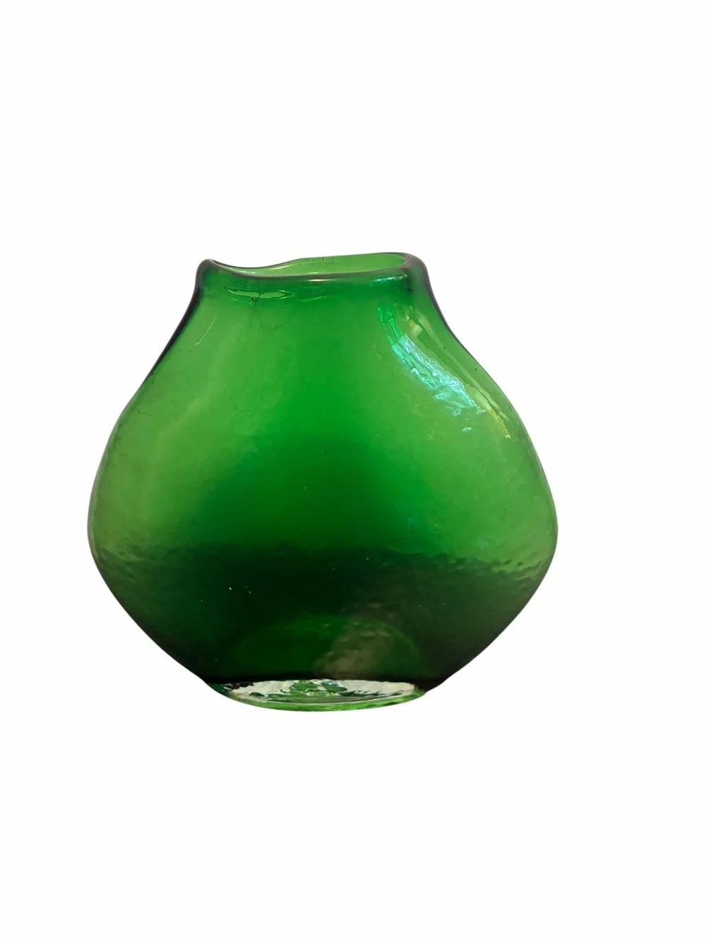 Mid Century Green Hand Blown Pillow Vase Textured Organic Flattened Teardrop